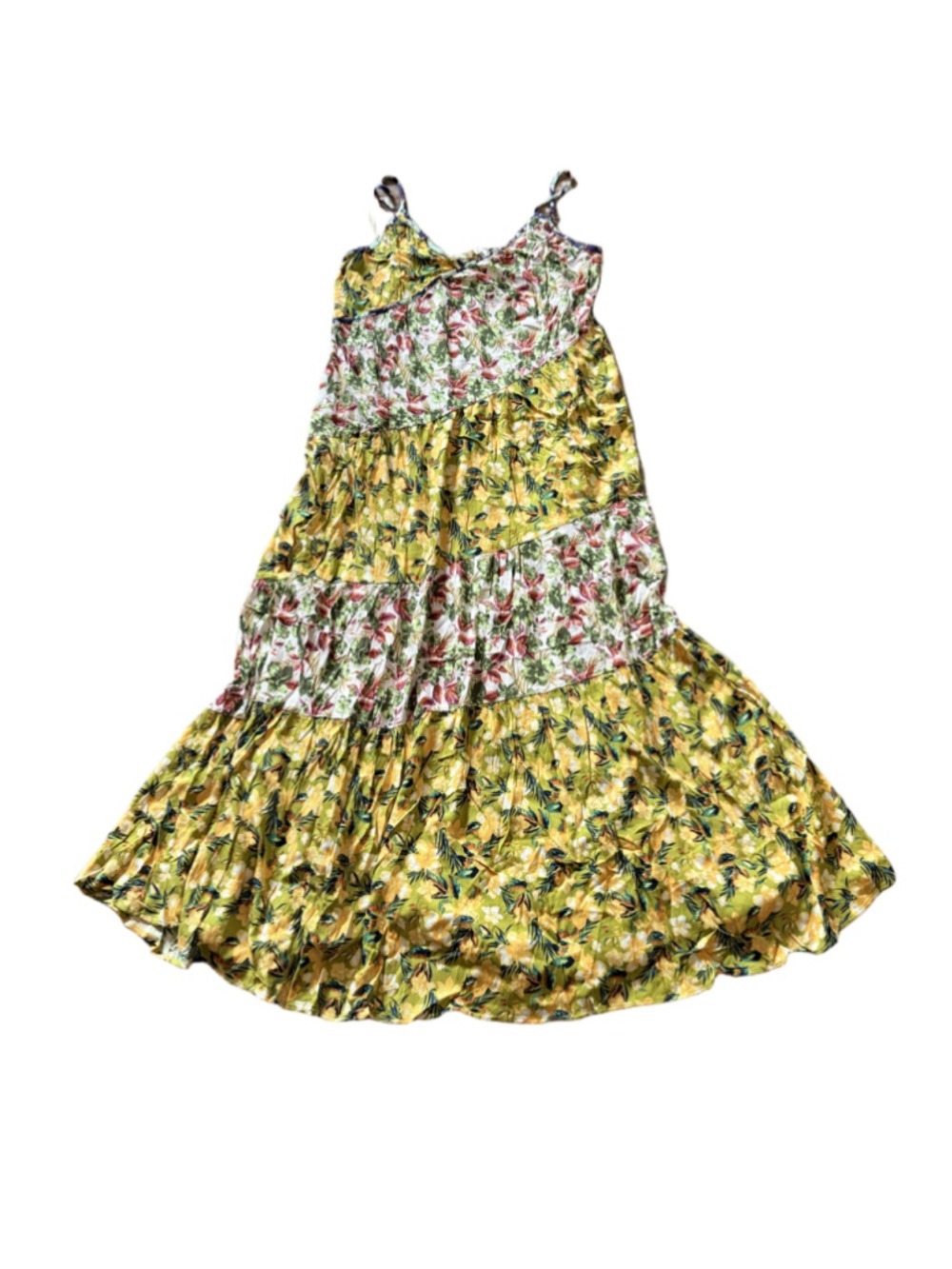 Easel Yellow Floral Print Tiered Patchwork Maxi Sundress Size L (22”-24”PTP) NWT - Picture 6 of 9